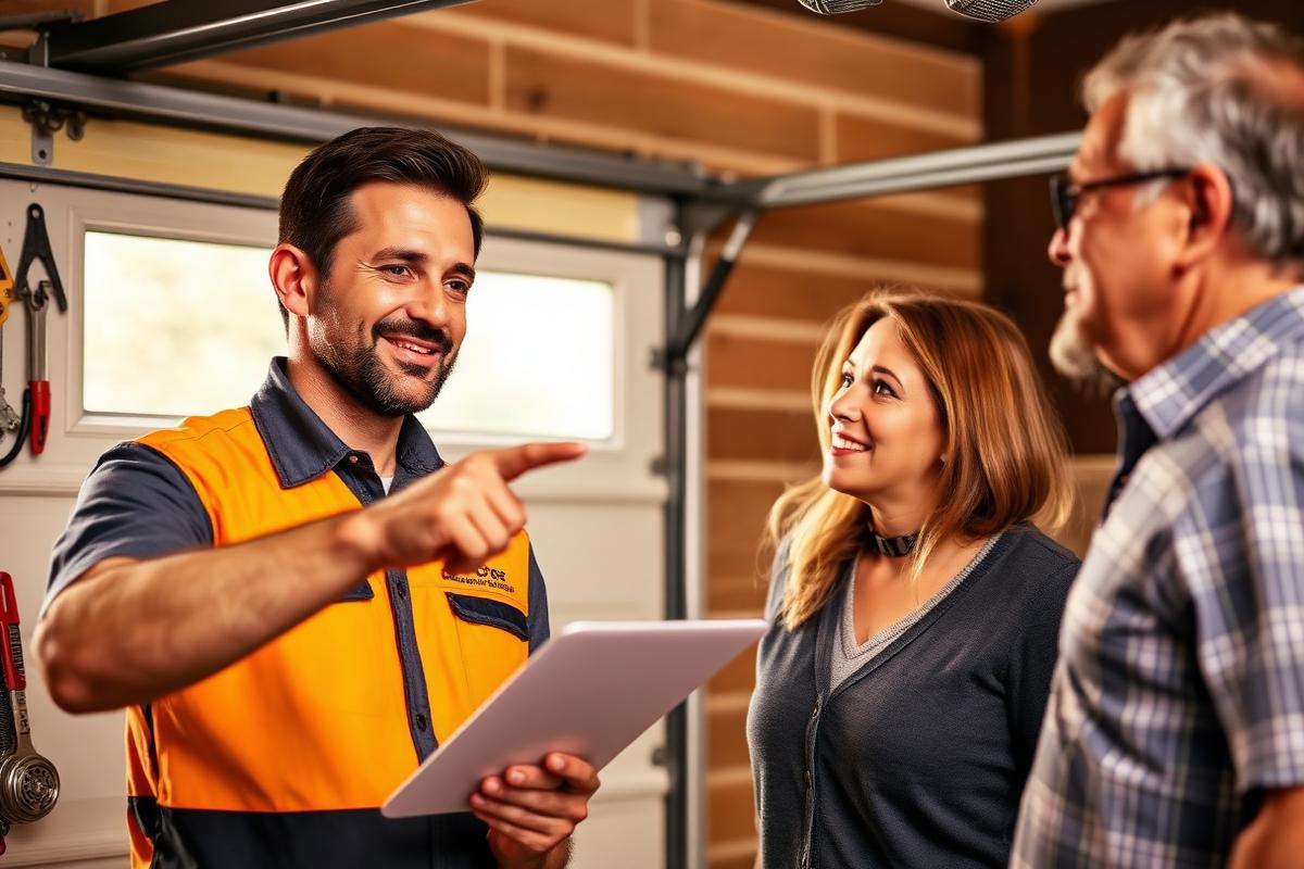 Roanoke Garage Doors technician explaining repair options to homeowners