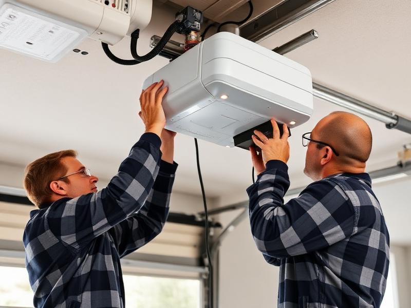 Technicians installing garage door opener battery backup system