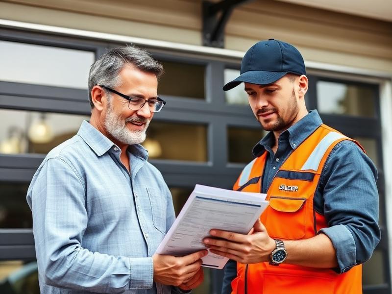 Homeowner reviewing garage door installation quote with technician