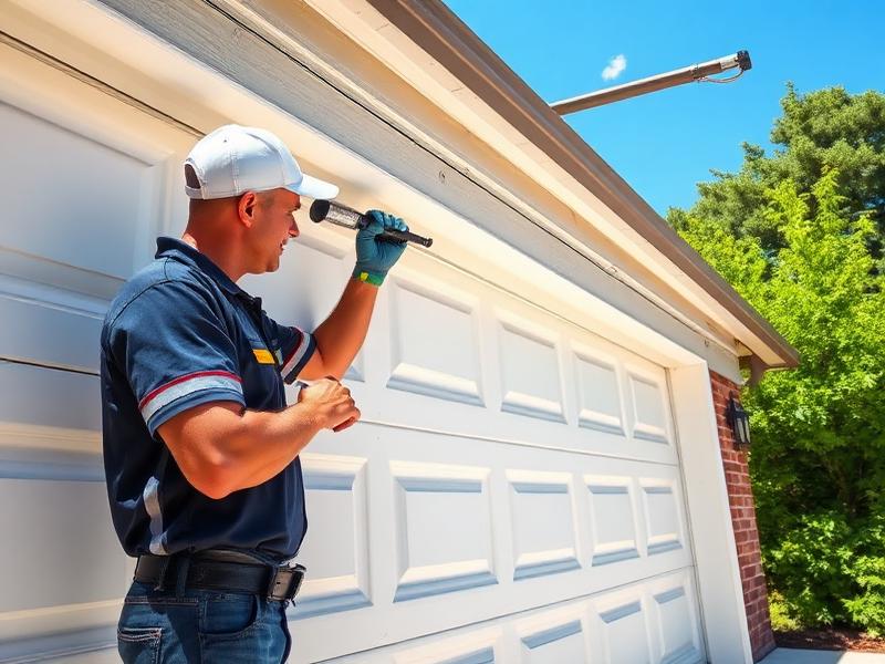 Technician performing summer maintenance on garage door