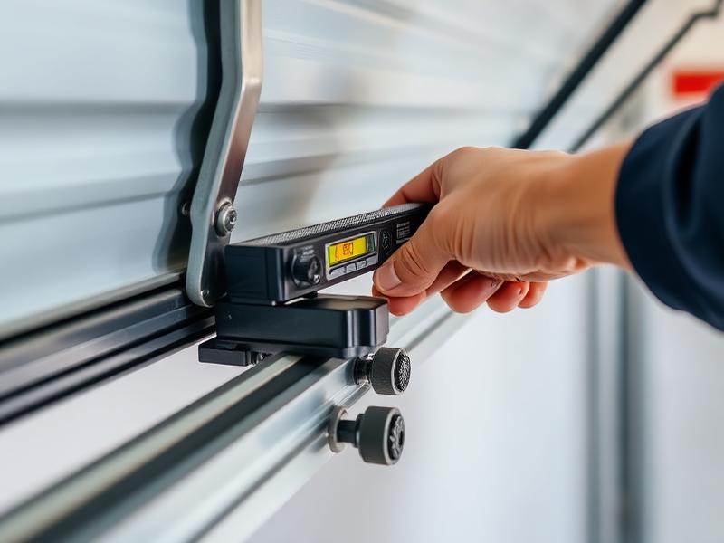 Technician checking garage door track alignment with level tool