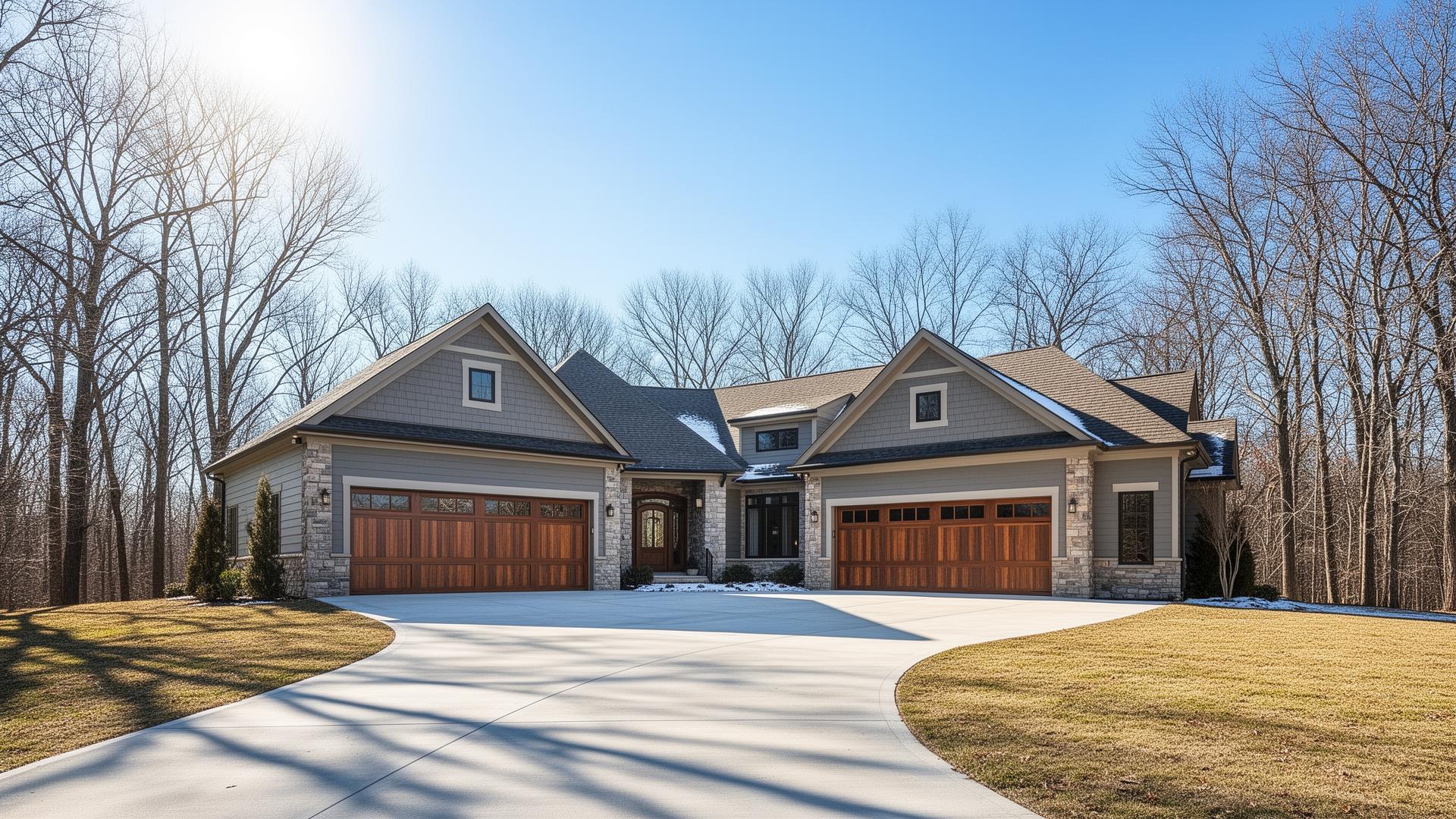 Premium insulated steel garage door with wood overlay on luxury ranch home