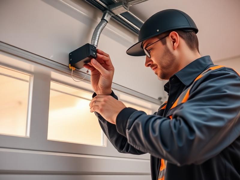 Technician repairing garage door safety sensor